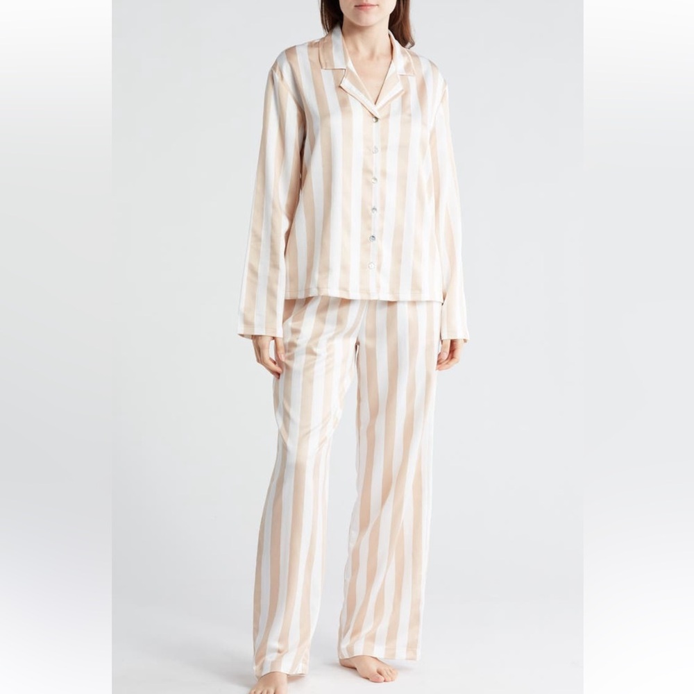 Brand new long sleeved and pant satin pajama set, all white, size medium